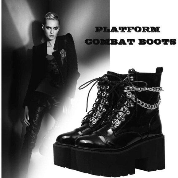 🆕Women Black Fashion Block Heel Platform Combat Ankle Boots Lace up Calf Boots - Picture 4 of 6